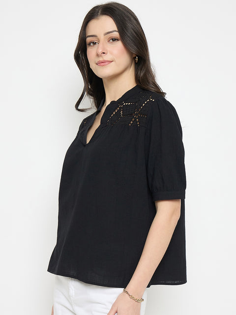 Madame Schiffli Detailing Black Cotton Top