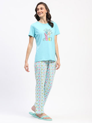 mSECRET Blue Cotton T-Shirt and Floral Print Pyjama Nightsuit