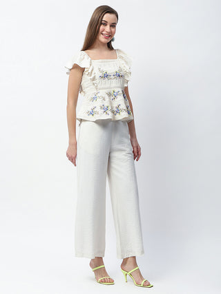 Madame Floral Print Top and Straight Trousers Off White Co-ord Set