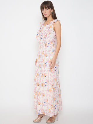 Madame Floral Print Ruffle Detail Off White Midi Dress