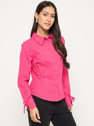 Madame Tie-Cuff Detail Striped Hot Pink Cotton Shirt