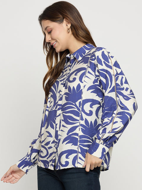 Madame Blue Rayon Full Sleeve Midi Shirt