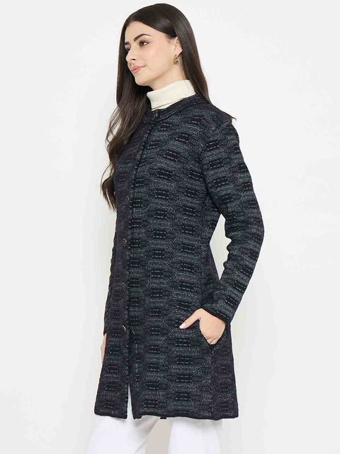 Madame Self Design Black Cardigan worn by a model, featuring a soft blend and subtle texture, ideal for layering.