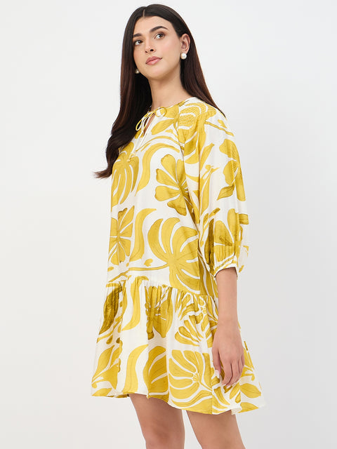 Madame Yellow Leaf Print Rayon Midi Dress