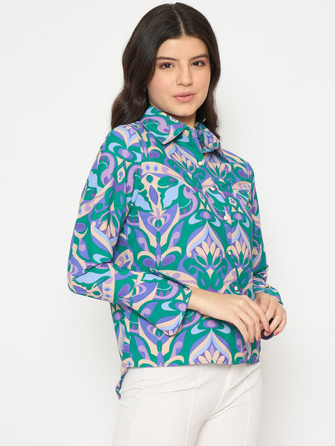 Madame All Over Print Full Sleeve Green Shirt