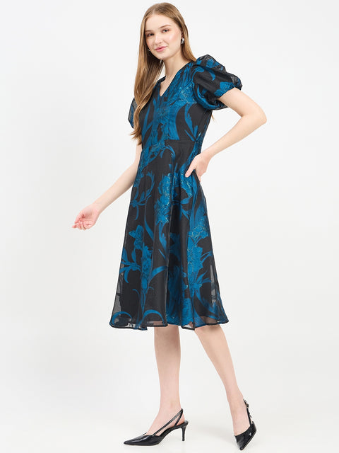 Madame Textured Teal Flared Dress