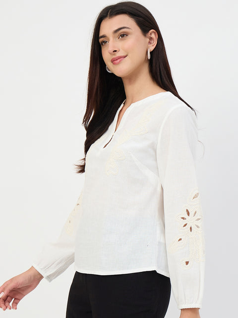 Madame White Embroidered Cotton-Linen Tunic Top