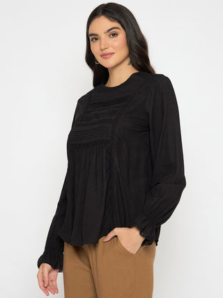 Madame Ruched Detail Black Viscose Top