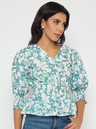 Madame Abstract Print Nylon Blend Pink Peplum Top