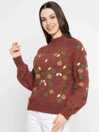Madame Floral Embroidered Brown Pullover Sweater