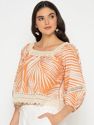 Madame Botanical Print Cotton Blend Warm Amber Top