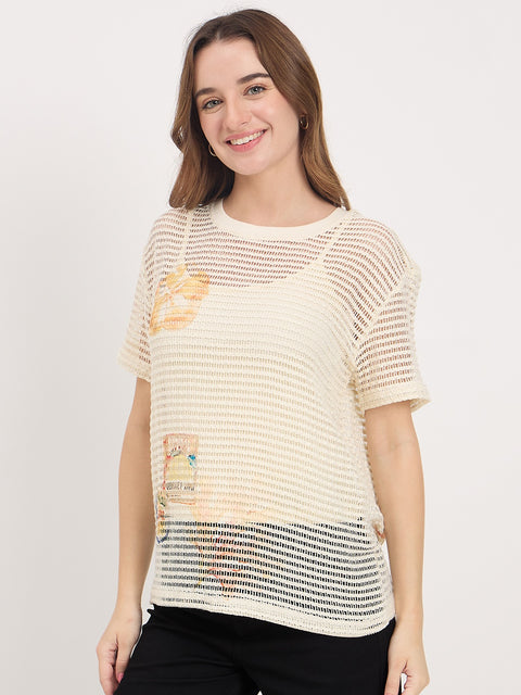 Madame Beige Printed Round Neck Half Sleeve T-Shirt
