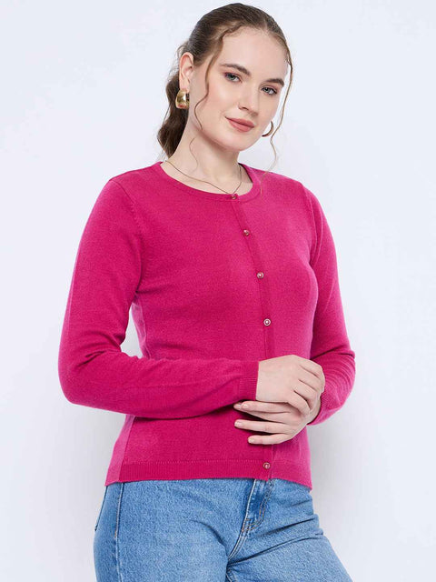 Madame Crew Neck Button Down Fuschia Cardigan