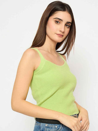 Madame Sleeveless Solid Green Ribbed Knit Sweater