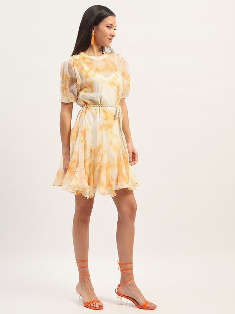 Madame Tie Dye Belted Orange Rayon Blend Mini Dress