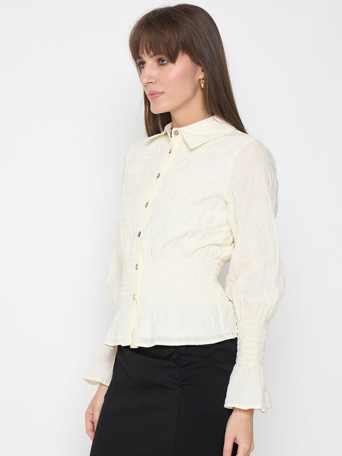 Madame Smocked Waist Off White Peplum Shirt