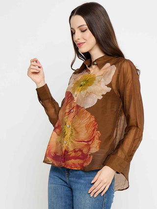 Madame Floral Print Tencel Blend Brown Shirt