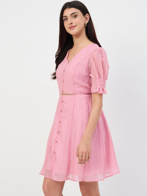 Madame Pink V-Neck Fit and Flare Lyocell Dress with Chain Belt