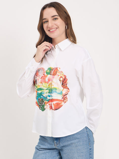Madame White Graphic Print Cotton Full Sleeve Shirt