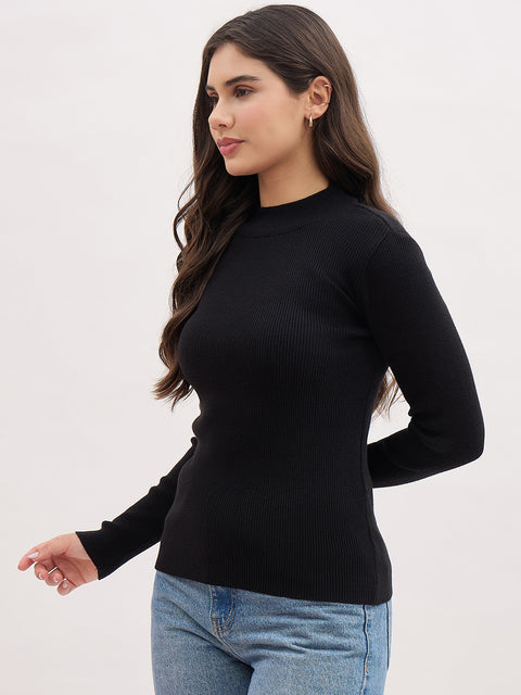 Madame Black Viscose Blend Full-Sleeve Basic Top