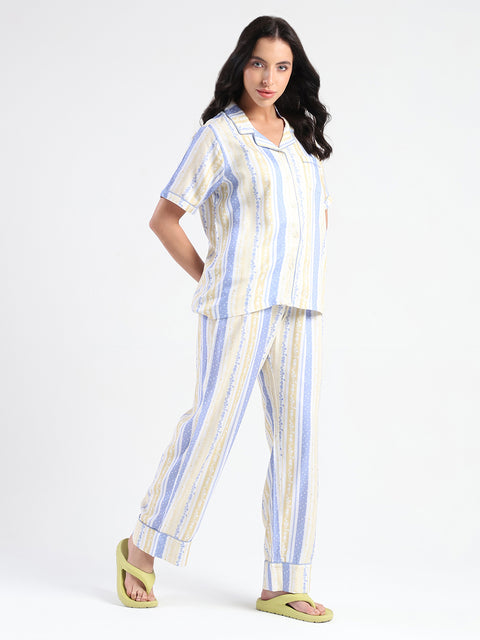 mSECRET Striped Collar Top and Bottoms Yellow Nightsuit
