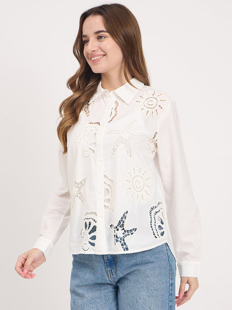 Madame White Cutwork Cotton Full Sleeve Shirt