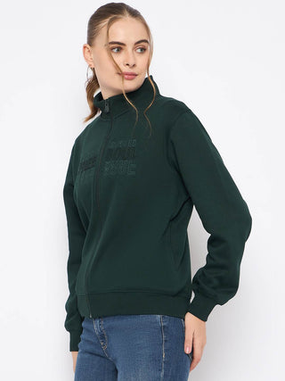 Madame Fleece Embroidery Detailed Turtleneck Bottle Green Sweatshirt