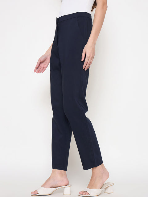 Madame Alex Waist Belt Detail Solid Navy Blue Trousers