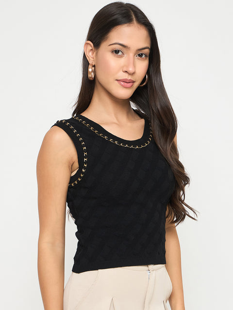 Madame Chain Accented Sleeveless Black Knitted Top