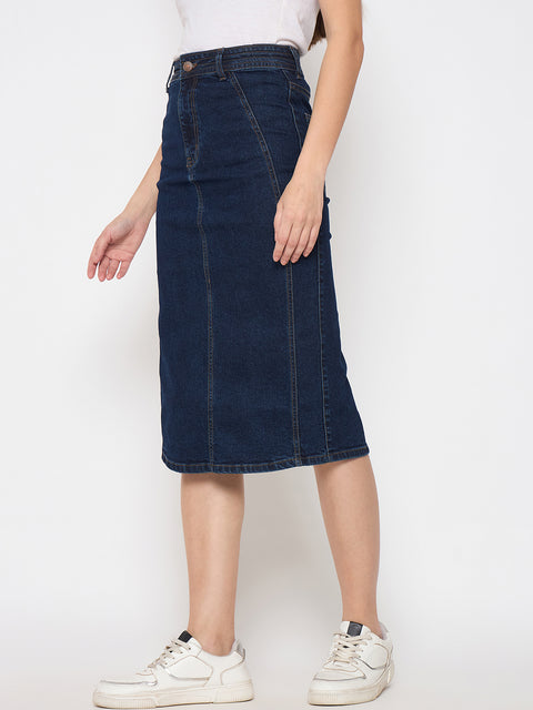 Madame Seam Detailed Dark Blue Denim Midi Skirt