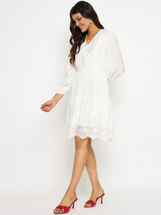 Madame Lace Detailed White Rayon Blend Dress