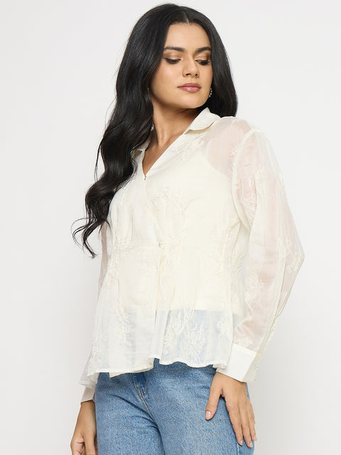 Madame Textured Off White Viscose Wrap Top