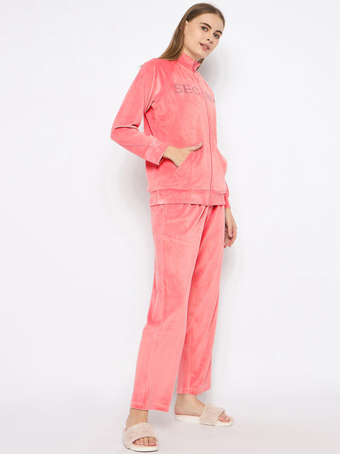 mSECRET Velour Swarovski Detailed Zipped Blush Top and Bottom Night Suit