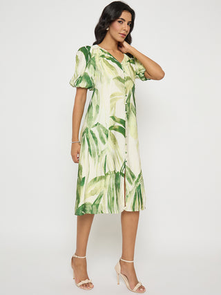 Madame Botanical Print Lace Insertion Off White Midi Dress