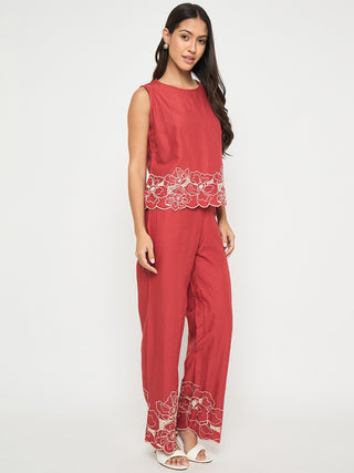 Madame Floral Embroidered Hem Top and Bottom Rust Red Co-ord Set