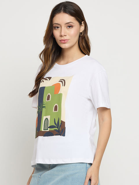 Madame White Graphic Print Cotton Round Neck T-Shirt