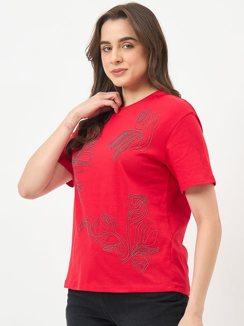 Madame Red Cotton Half-Sleeve T-Shirt