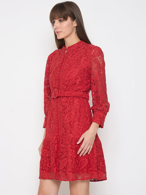 Madame Sheer Embroidered Belted Mini Red Mesh Dress