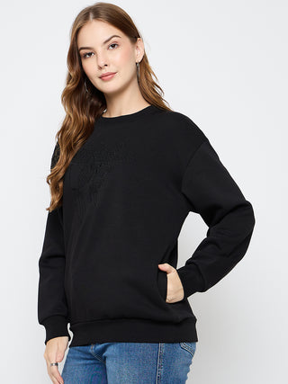 Madame Solid Black Cotton Blend Sweatshirt