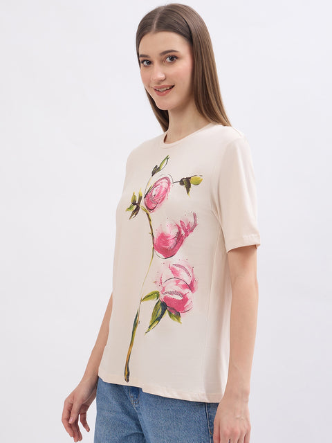 Madame Printed Beige Cotton T-Shirt