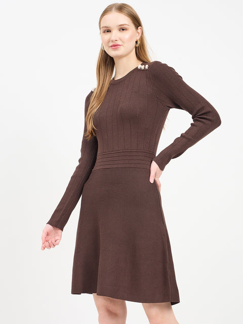 Madame Embellished Fit and Flare Coffee Knit Dress