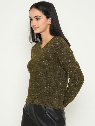 Madame Embellished Green Round Neck Sweater