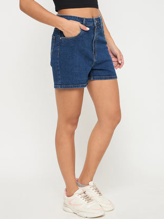 Madame Cotton Blend Solid Mid Blue Denim Shorts