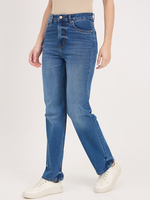 Madame Mid Blue Cotton Straight Fit Double Wash Jeans