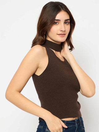 Madame Coffee Brown Ribbed Sleeveless Cutout Sweater