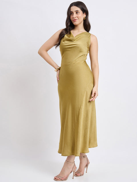 Madame Textured Cowl Neck Green Drape Dress