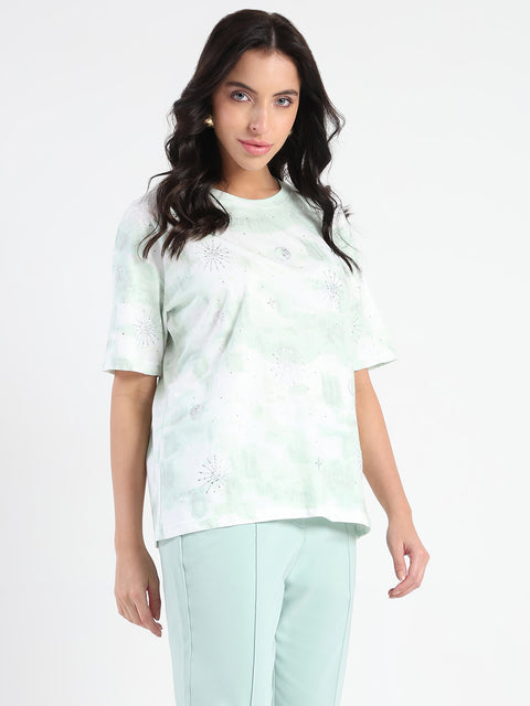Madame Swarovksi Detailed Tie and Dye Sea Green T-shirt