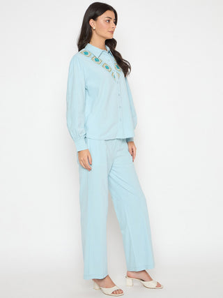 Madame Patchwork Detailed Shirt and Bottoms Blue Co-ord Set