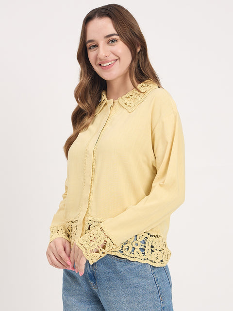 Madame Yellow Lace Detail Rayon Linen Full Sleeve Shirt