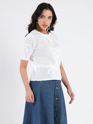 Madame Semi Sheer Botanical Pattern White Knit Top